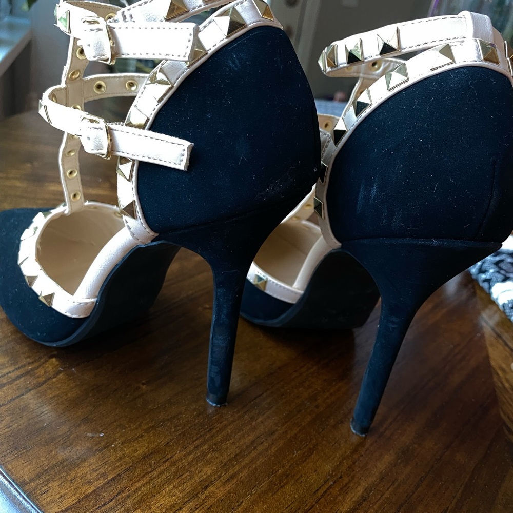 T-Strap Studded Heels in Black Suede - Picture 3 of 5
